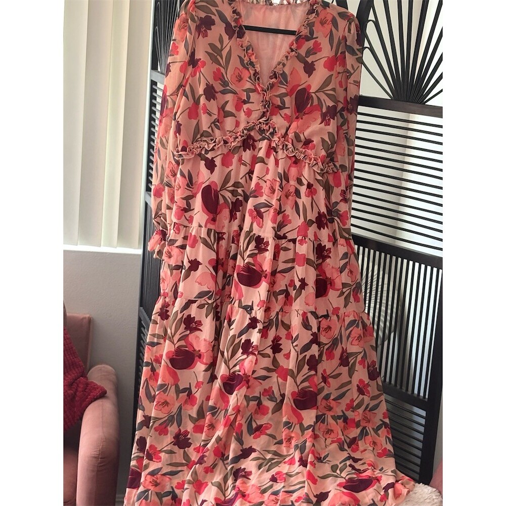 Womens Pink Floral Maxi Dress Size M Long Sleeve Ruffle V-Neck Boho Tiered
